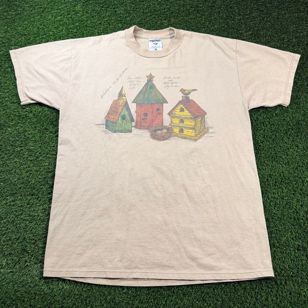 Vintage Jerzees Birdhouse Graphic T Shirt Tan Beige Nature Made in USA Large